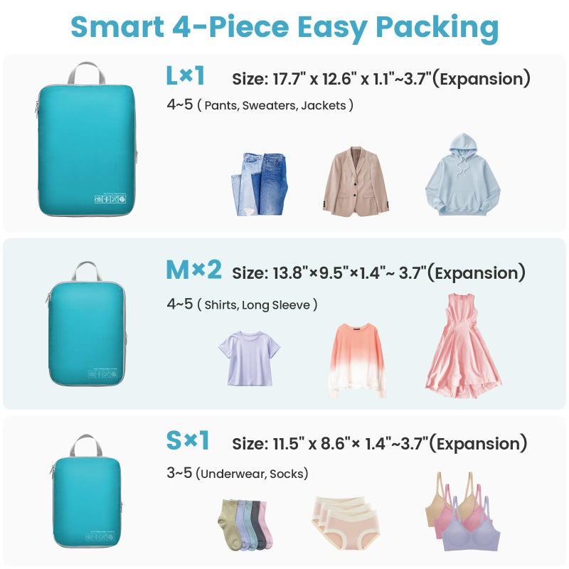 Cambond Compression Packing Cubes for Travel, 4 Pack Expandable Packing Luggage Organizers Travel Essentials Compression Cubes for Carry on Suitcases, Lake Blue - Image 4